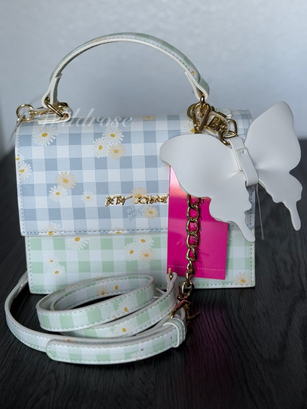 Betsey Johnson XOMYLO2 Blue Multi Gingham & Daisy Crossbody Butterfly Charm NWT